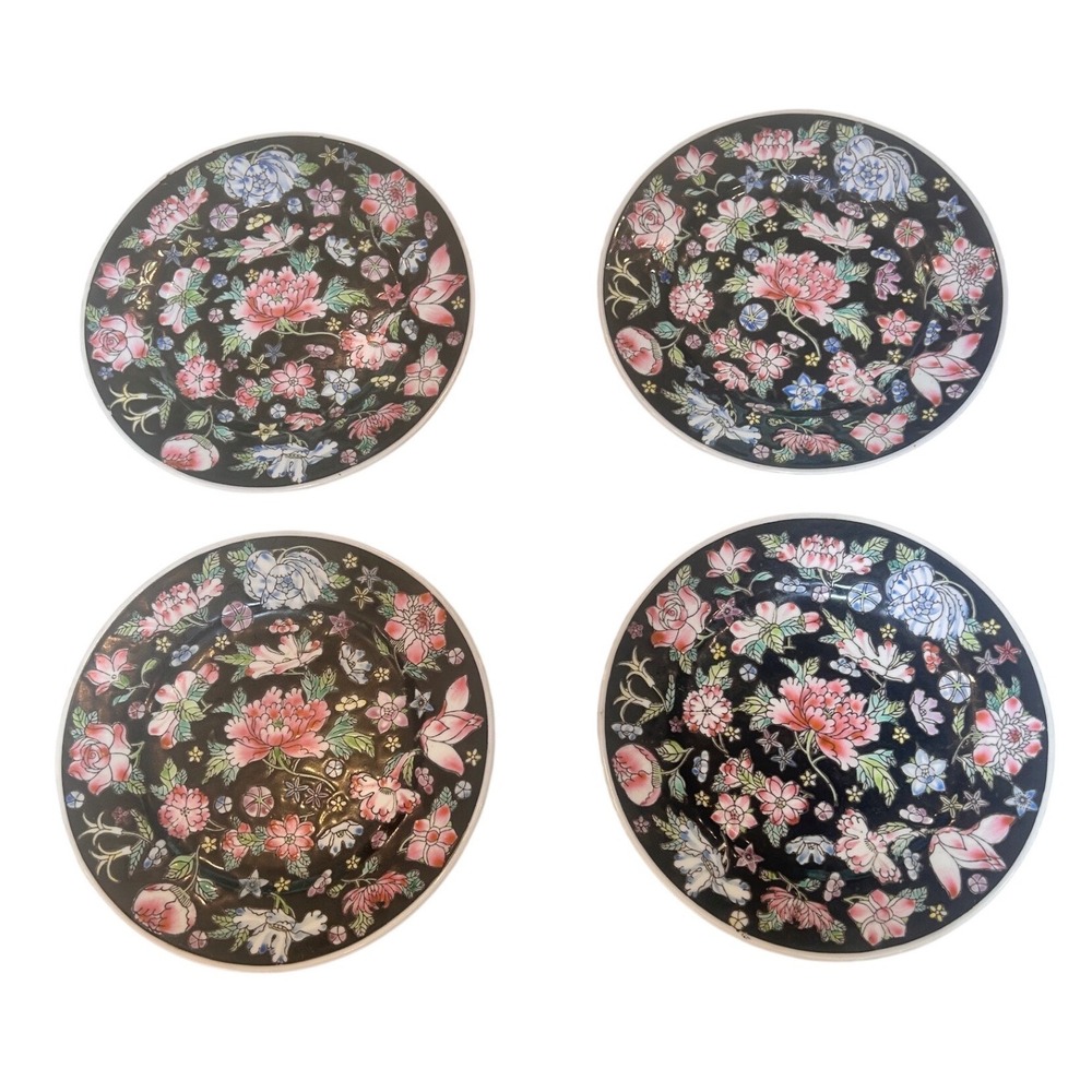 Vintage Chinese Famille Noire‎ Millefleur Porcelain Plates Set of 4 Black 7in